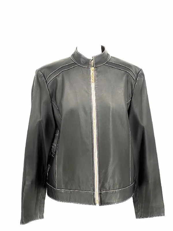 St. John Sport Women's Black Zip Leather Monogram Size M Jacket Denim Fabric Leather Fabric Suede Fabric St. John Sport Women's Black Zip Leather Monogram Size M Jacket Denim Fabric Leather Fabric Suede Fabric