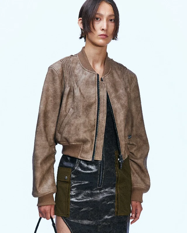 TANYA FAUX LEATHER PINTUCK BOMBER JACKET awa516w(BEIGE) Zip Front Button Front Snap Front TANYA FAUX LEATHER PINTUCK BOMBER JACKET awa516w(BEIGE) Zip Front Button Front Snap Front
