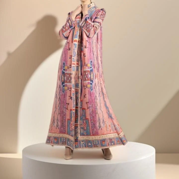 Vintage Printed Kimono/Jacket A-Line Jacket Boat Neck Shawl Collar