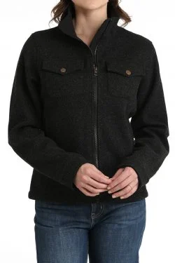 Women's Cinch Shirt Jacket - Black Front Pockets Side Pockets Patch Pockets