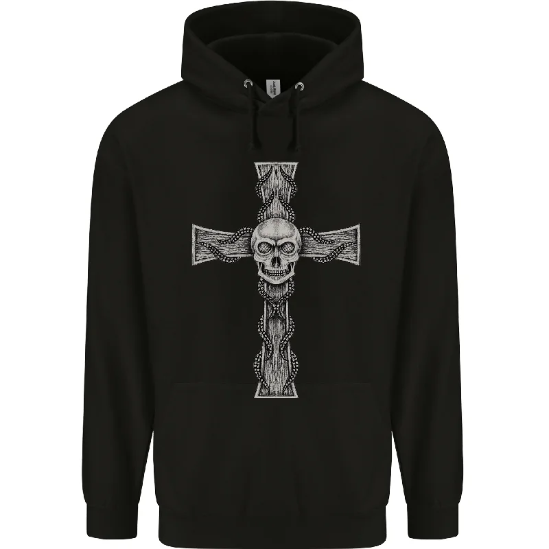 A Gothic Skull and Tentacles on a Cross Mens 80% Cotton Hoodie