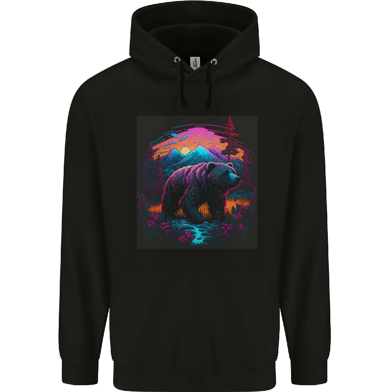 A Grizzly Bear in a Retro Wilderness Mens 80% Cotton Hoodie