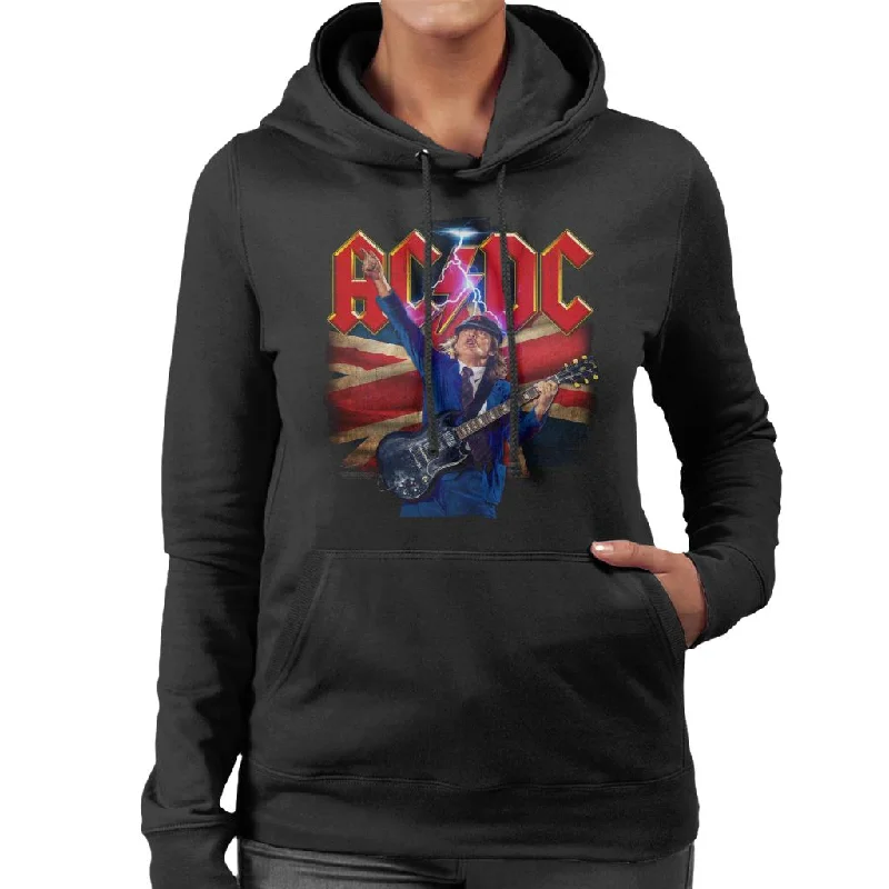 AC/DC Logo Angus Young Union Flag Lightning Women's Hooded Sweatshirt Hoodie with Slim Fit Tailored Modern AC/DC Logo Angus Young Union Flag Lightning Women's Hooded Sweatshirt Hoodie with Slim Fit Tailored Modern