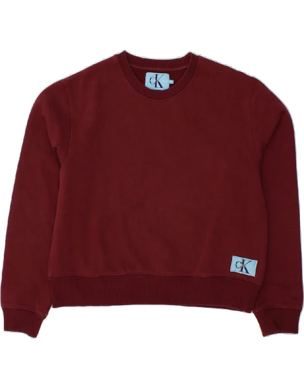 CALVIN KLEIN JEANS Womens Crop Sweatshirt Jumper UK 14 Medium Burgundy Hoodie with Hem Fringe Bohemian Relaxed CALVIN KLEIN JEANS Womens Crop Sweatshirt Jumper UK 14 Medium Burgundy Hoodie with Hem Fringe Bohemian Relaxed