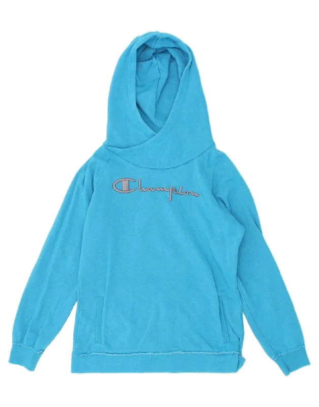 CHAMPION Womens Graphic Hoodie Jumper UK 16 Large Blue Cotton Hoodie with Hem Drawcord Adjustable Customizable CHAMPION Womens Graphic Hoodie Jumper UK 16 Large Blue Cotton Hoodie with Hem Drawcord Adjustable Customizable
