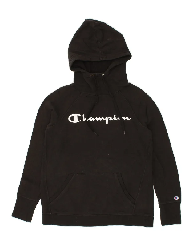 CHAMPION Womens Graphic Hoodie Jumper UK 6 XS Black Polyester Hoodie with Hem Embroidery Detailed Premium CHAMPION Womens Graphic Hoodie Jumper UK 6 XS Black Polyester Hoodie with Hem Embroidery Detailed Premium