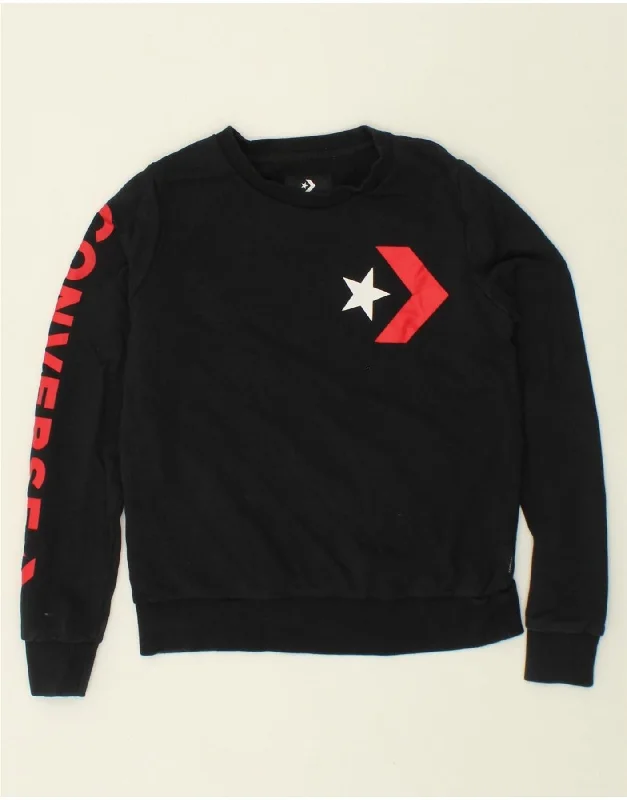CONVERSE Womens Graphic Sweatshirt Jumper UK 10 Small Black Cotton Hoodie with Hem Patch Decorative Personalized CONVERSE Womens Graphic Sweatshirt Jumper UK 10 Small Black Cotton Hoodie with Hem Patch Decorative Personalized