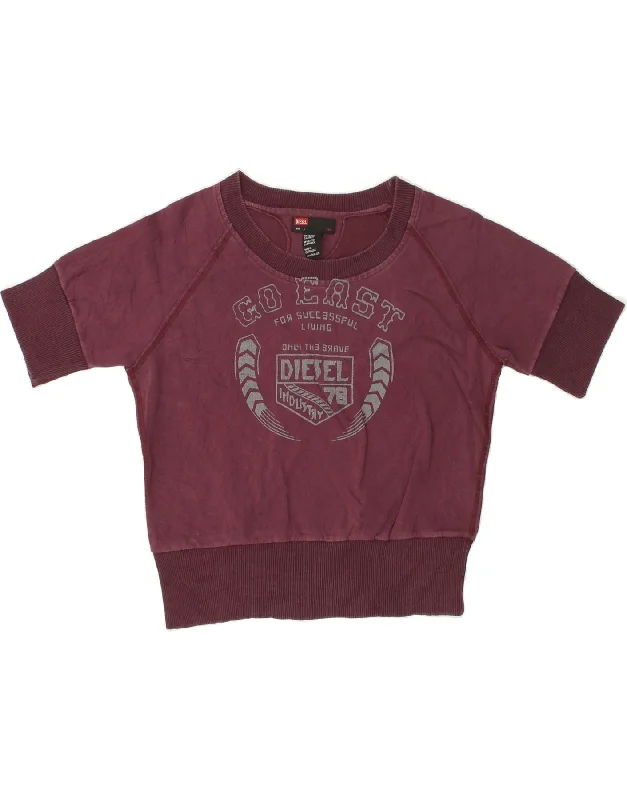 DIESEL Womens Graphic Short Sleeve Sweatshirt Jumper UK 14 Large Maroon Hooded Sweatshirt Casual Wear Street Style DIESEL Womens Graphic Short Sleeve Sweatshirt Jumper UK 14 Large Maroon Hooded Sweatshirt Casual Wear Street Style