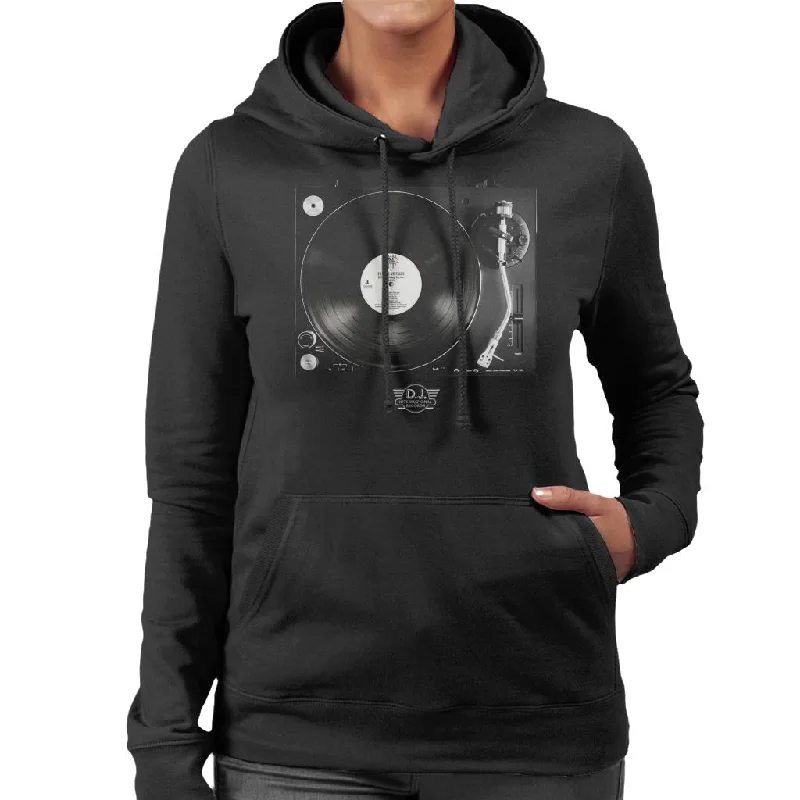 DJ International Records Turntable Women's Hooded Sweatshirt Hoodie with Color Block Contrast Stylish DJ International Records Turntable Women's Hooded Sweatshirt Hoodie with Color Block Contrast Stylish