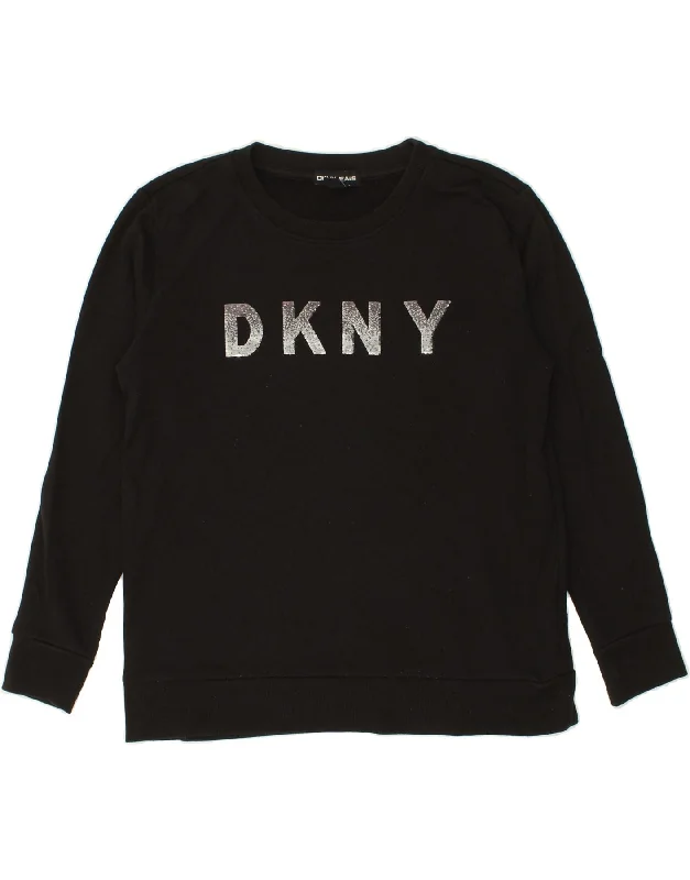 DKNY Womens Oversized Graphic Sweatshirt Jumper UK 10 Small Black Cotton Hoodie with Hem Frayed Vintage Worn DKNY Womens Oversized Graphic Sweatshirt Jumper UK 10 Small Black Cotton Hoodie with Hem Frayed Vintage Worn