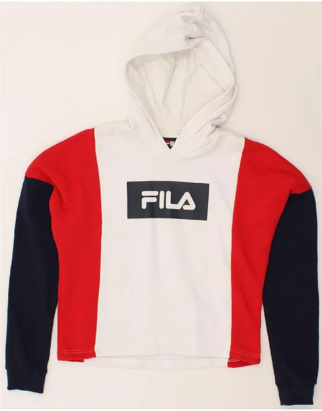 FILA Womens Oversized Graphic Hoodie Jumper UK 6 XS White Colourblock