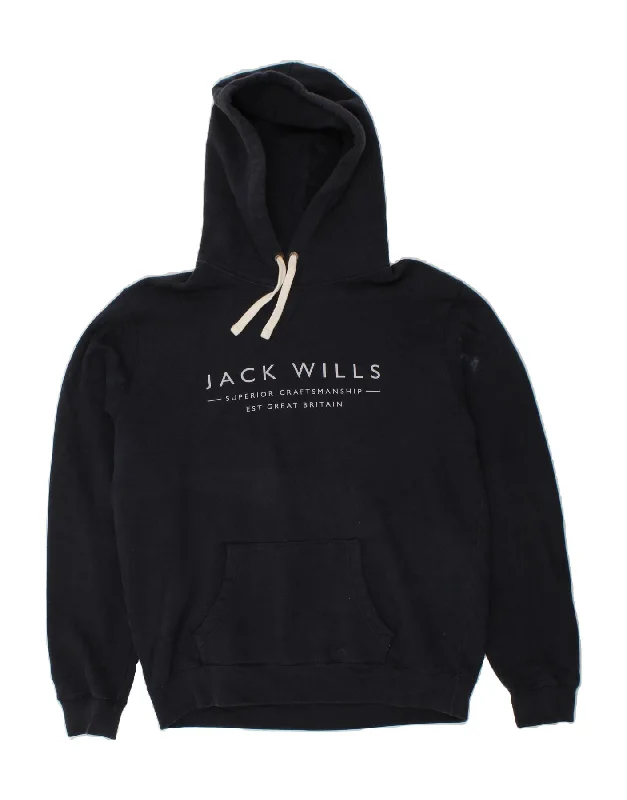 JACK WILLS Mens Graphic Hoodie Jumper Medium Navy Blue Cotton Hoodie with Bell Sleeves Flared Feminine