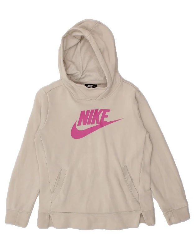 NIKE Girls Graphic Hoodie Jumper 10-11 Years Medium Beige Cotton