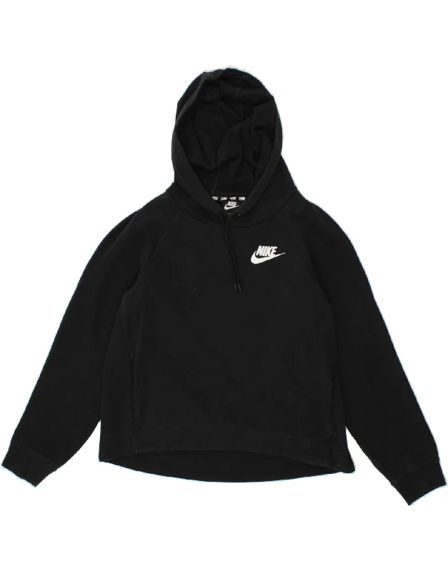 NIKE Womens Graphic Hoodie Jumper UK 14 Medium Black Cotton Hoodie with Bell Sleeves Flared Feminine
