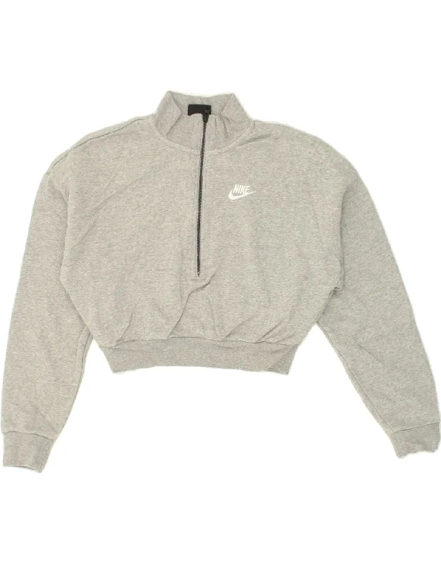 NIKE Womens Oversized Crop Zip Neck Sweatshirt Jumper UK 6 XS Grey Cotton Hoodie with Rhinestones Sparkly Elegant NIKE Womens Oversized Crop Zip Neck Sweatshirt Jumper UK 6 XS Grey Cotton Hoodie with Rhinestones Sparkly Elegant