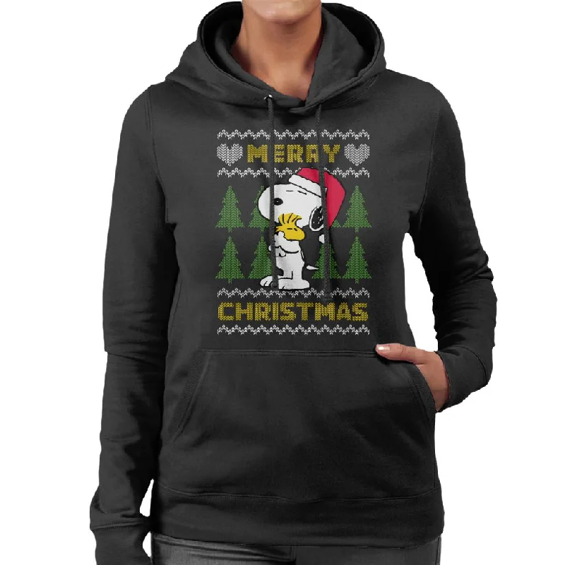 Peanuts Snoopy Hugs Merry Christmas Knit Pattern Women's Hooded Sweatshirt