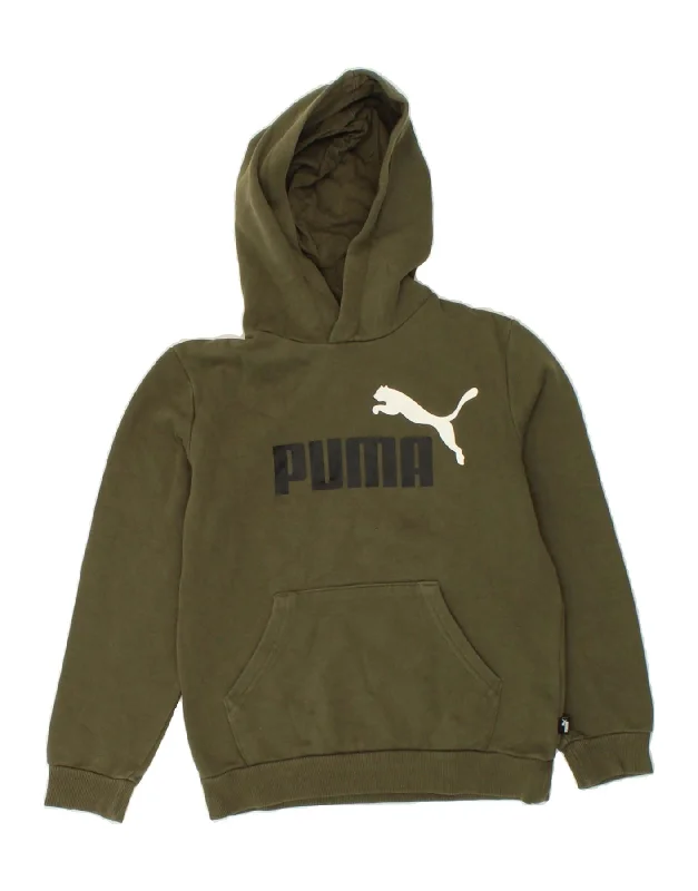 PUMA Boys Graphic Hoodie Jumper 11-12 Years Khaki Cotton Hoodie with Velcro Closure Adjustable Secure