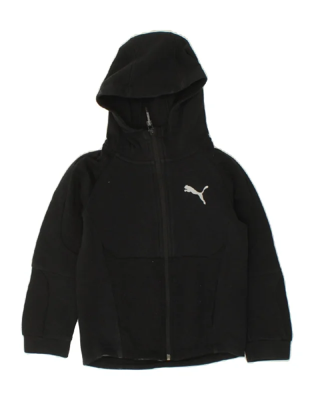 PUMA Boys Zip Hoodie Sweater 7-8 Years Black Cotton Hoodie with Hem Frayed Vintage Worn PUMA Boys Zip Hoodie Sweater 7-8 Years Black Cotton Hoodie with Hem Frayed Vintage Worn