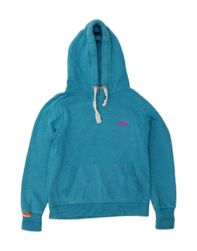 SUPERDRY Womens Hoodie Jumper UK 16 Large Blue Cotton Hoodie with Crew Neck Simple Timeless SUPERDRY Womens Hoodie Jumper UK 16 Large Blue Cotton Hoodie with Crew Neck Simple Timeless