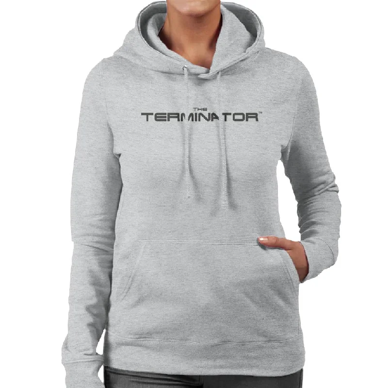 Terminator Black Cinematic Logo Women's Hooded Sweatshirt Hoodie with Hem Raw Edge Edgy Unfinished