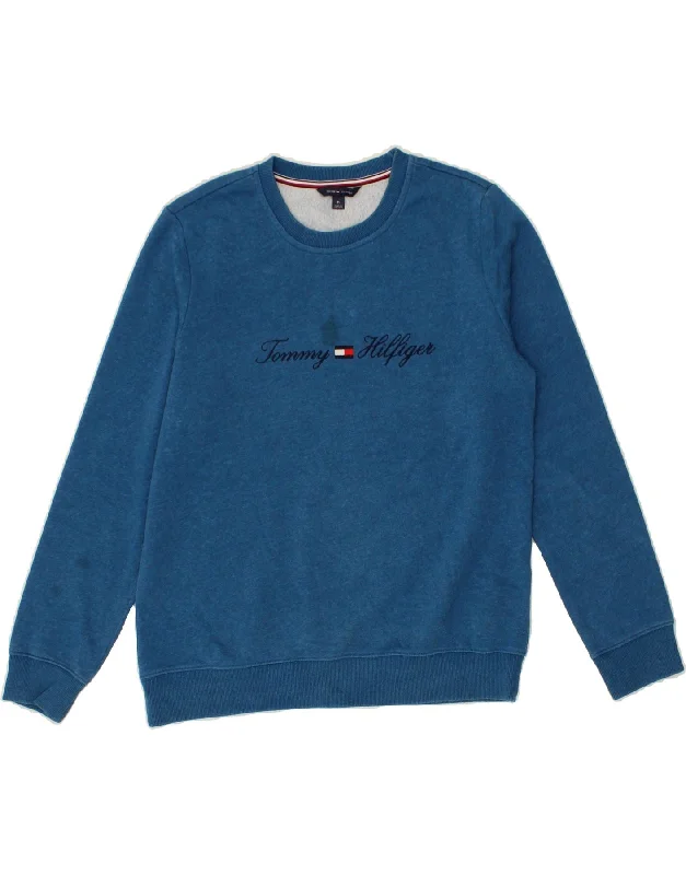 TOMMY HILFIGER Mens Graphic Sweatshirt Jumper Medium Navy Blue Cotton Hoodie with Raw Hem Edgy Unfinished TOMMY HILFIGER Mens Graphic Sweatshirt Jumper Medium Navy Blue Cotton Hoodie with Raw Hem Edgy Unfinished