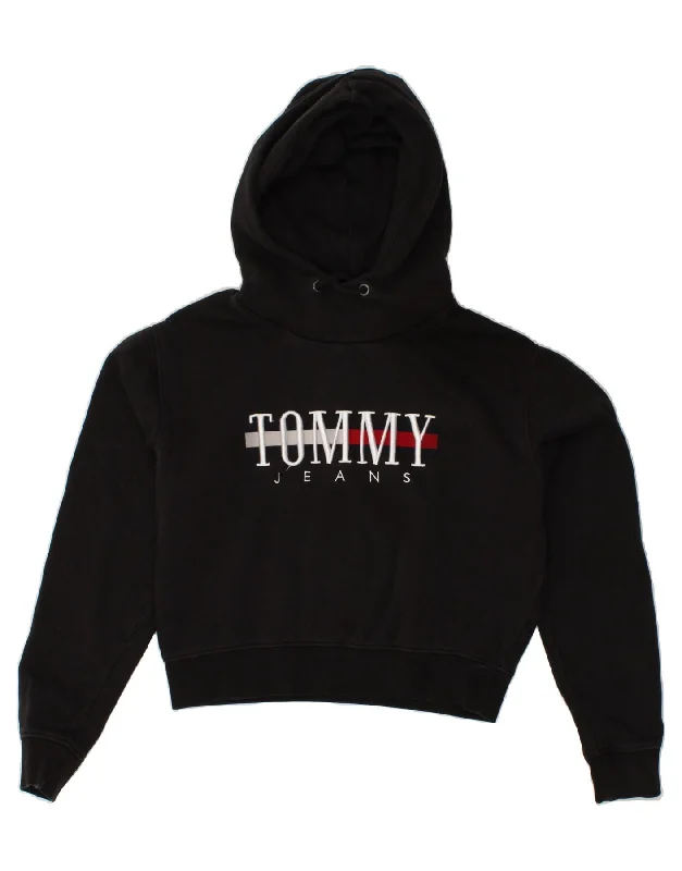 TOMMY HILFIGER Womens Oversized Crop Graphic Hoodie Jumper UK 6 XS Black