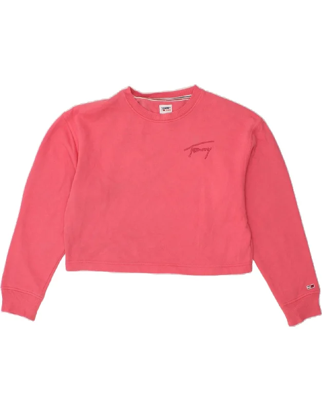 TOMMY HILFIGER Womens Oversized Crop Sweatshirt Jumper UK 6 XS Pink Cotton