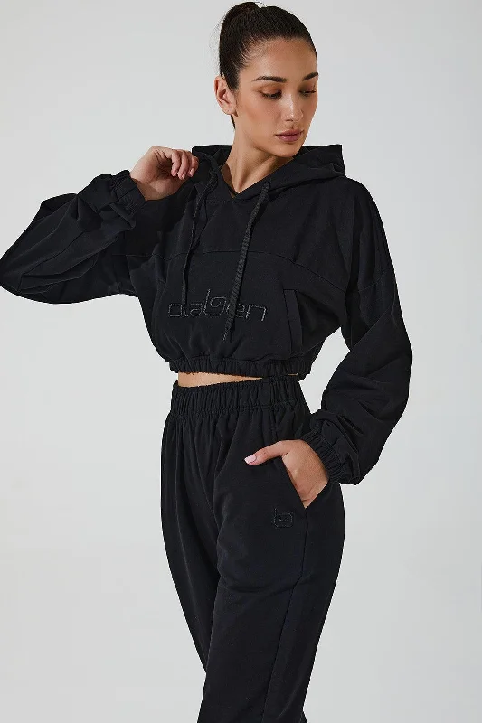 Women's Hoodie Croptop - Black Hoodie with Metallic Shiny Futuristic