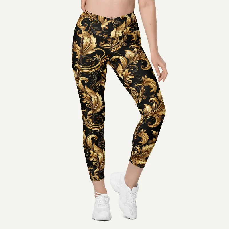 Baroque Flourish Black Crossover Leggings With Pockets Fashionable Minimal Active Leggings Baroque Flourish Black Crossover Leggings With Pockets Fashionable Minimal Active Leggings