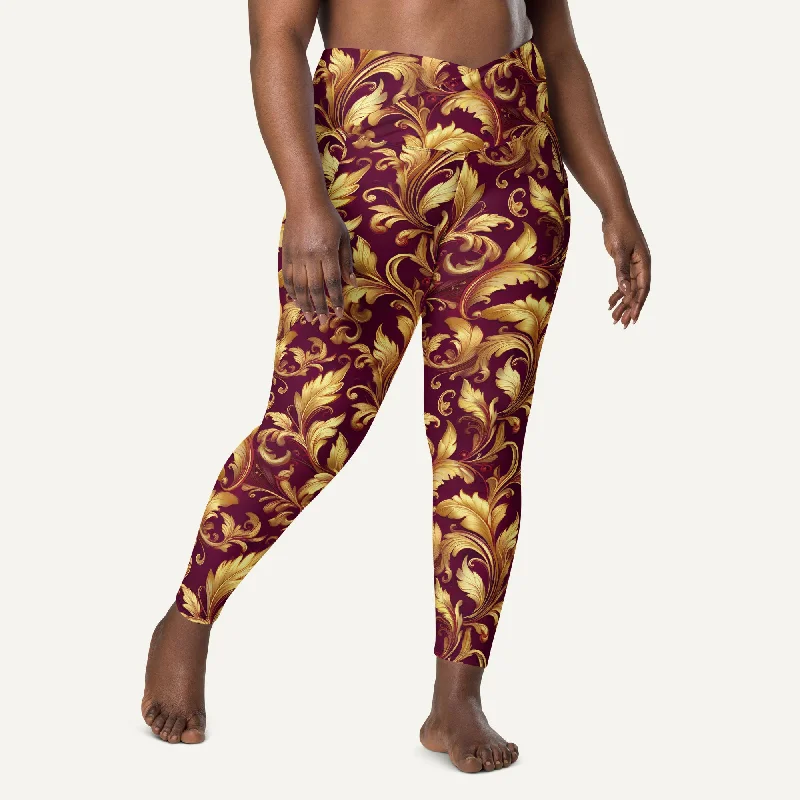 Baroque Flourish Burgundy Crossover Leggings With Pockets Fashionable Printed Legging Pants