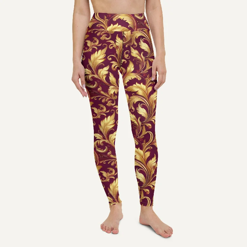 Baroque Flourish Burgundy High-Waisted Leggings Cozy Mid-Rise Workout Leggings