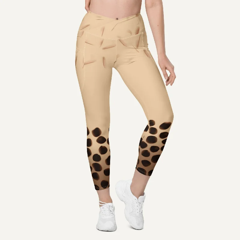 Boba Milk Tea Crossover Leggings With Pockets Cozy Cotton Leggings
