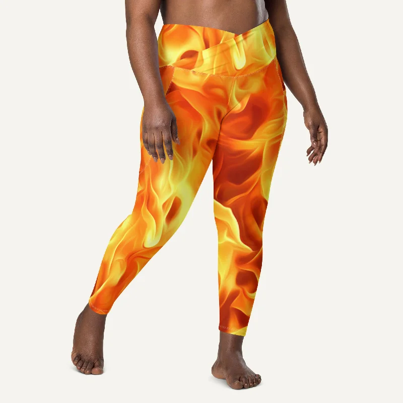 Fire Crossover Leggings With Pockets Fashionable Stretchy Fit Leggings