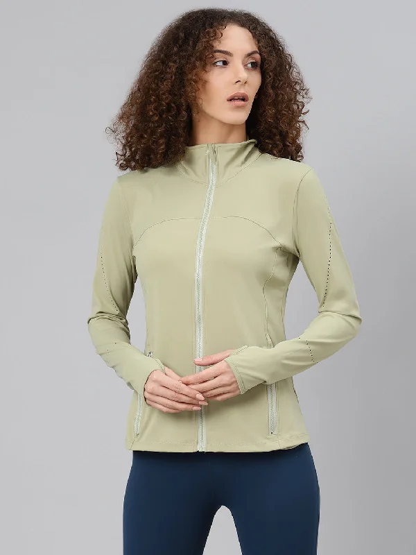 Women's Green Solid Front-Open Active Jacket