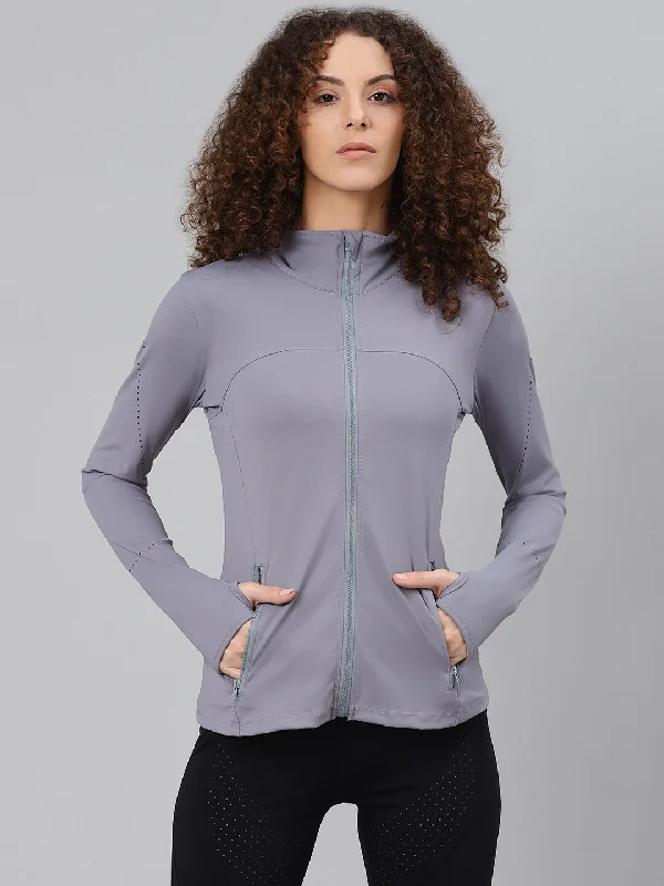 Women's Grey Solid Front-Open Active Jacket