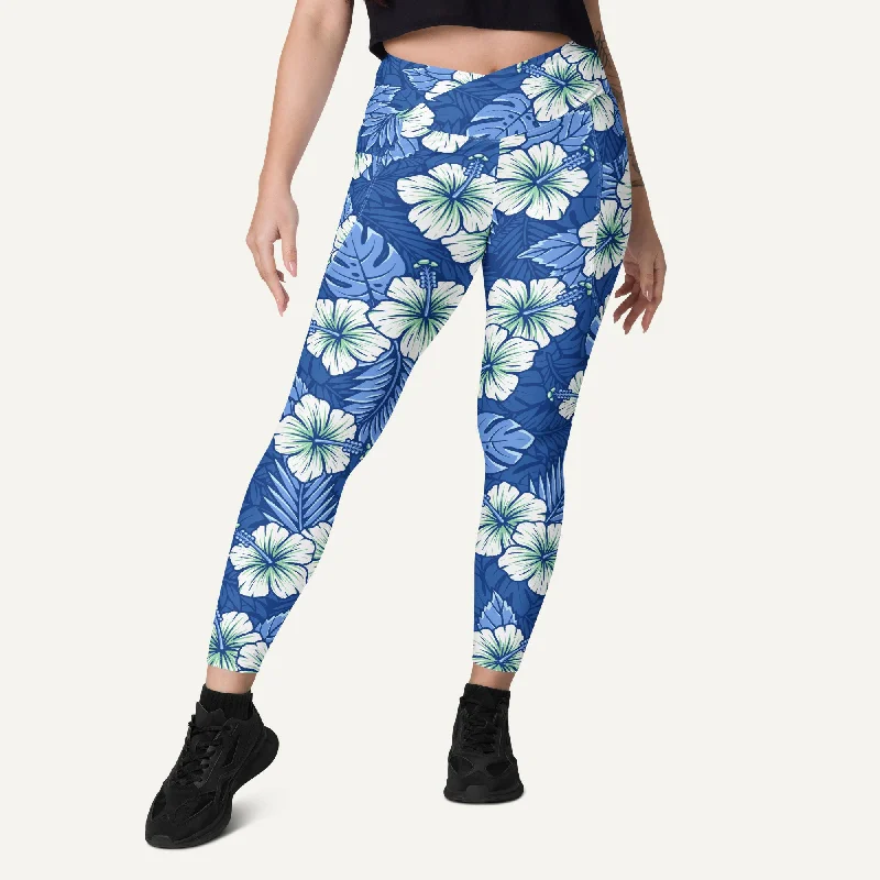 Hawaiian Aloha Blue Crossover Leggings With Pockets Comfortable Stretch Leggings