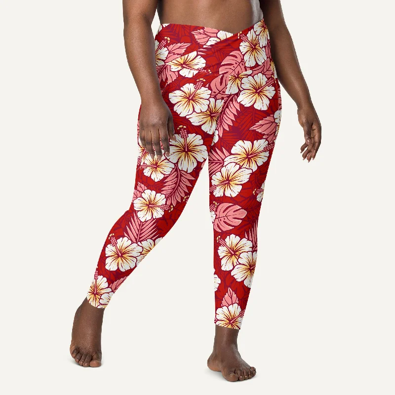 Hawaiian Aloha Red Crossover Leggings With Pockets Chic Printed Yoga Pants