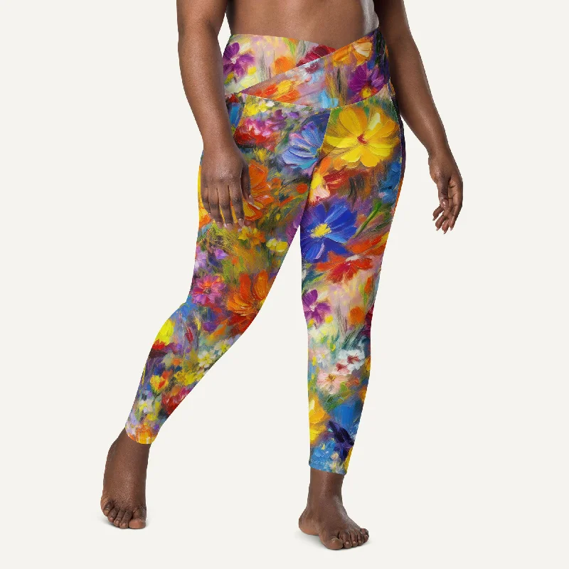 Impressionist Flowers Crossover Leggings With Pockets Stylish Camo Print Leggings