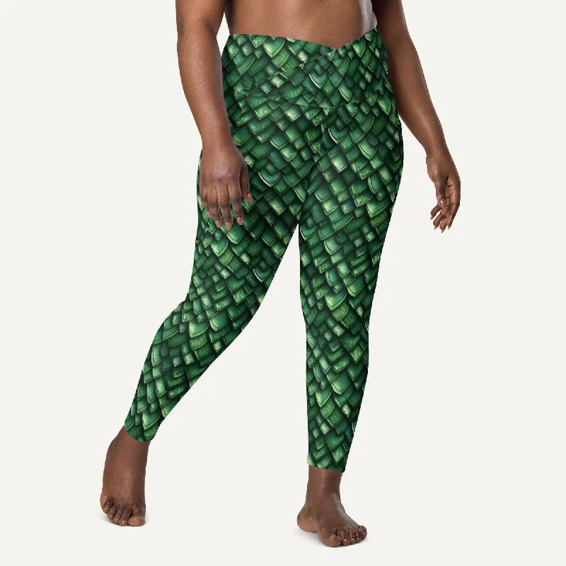 Jade Dragon Scales Crossover Leggings With Pockets Elegant Stretchy Faux Leather Leggings