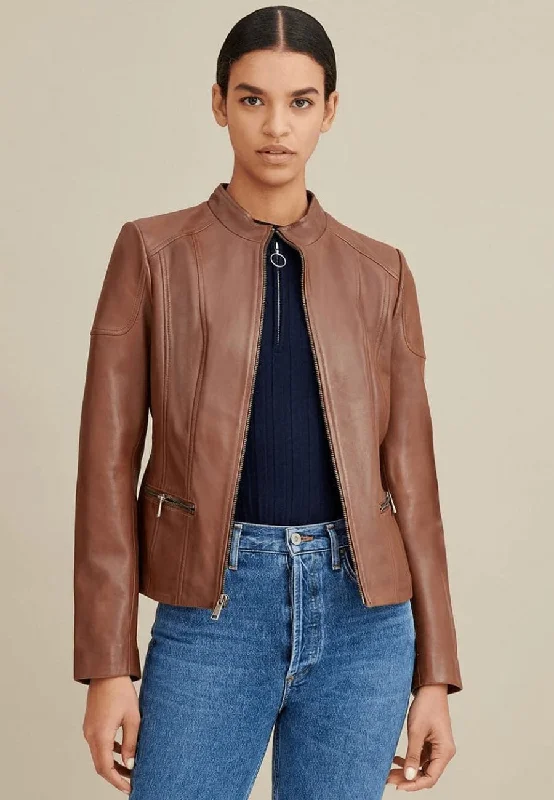 Women's Brown Leather Biker Jacket Crew Neck