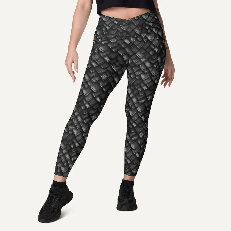 Onyx Dragon Scales Crossover Leggings With Pockets Cozy Warmth Leggings