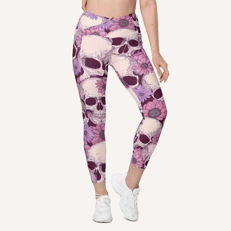 Pastel Floral Skulls Crossover Leggings With Pockets Comfortable Bootcut Workout Leggings