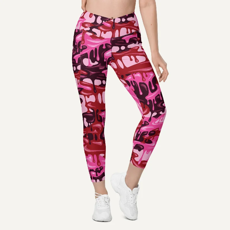 Pink Camouflage Drip Crossover Leggings With Pockets Trendy Sweat-Wicking Workout Leggings