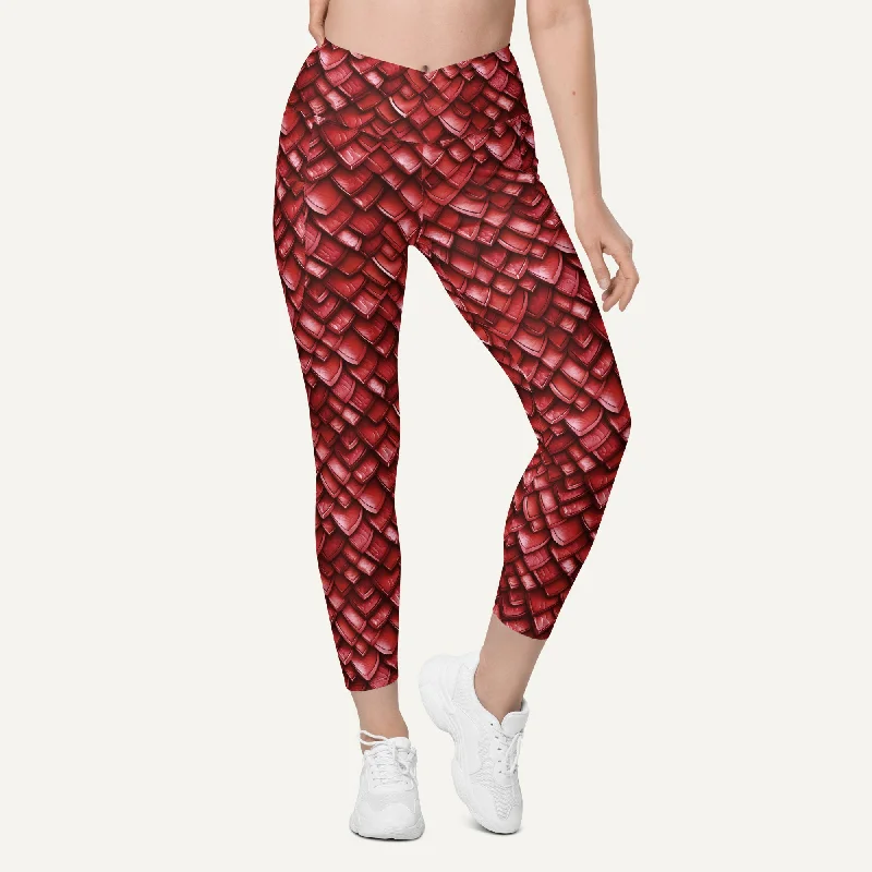 Ruby Dragon Scales Crossover Leggings With Pockets Fashionable Printed Legging Pants Ruby Dragon Scales Crossover Leggings With Pockets Fashionable Printed Legging Pants