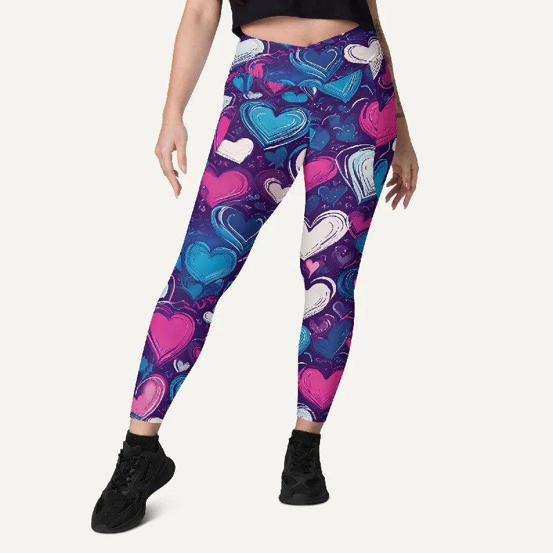 Scribble Hearts Crossover Leggings With Pockets Comfortable Leggings with Pockets