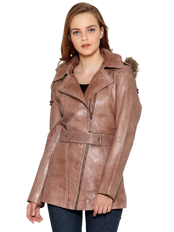 Teakwood Beige Women Genuine Leather Jacket