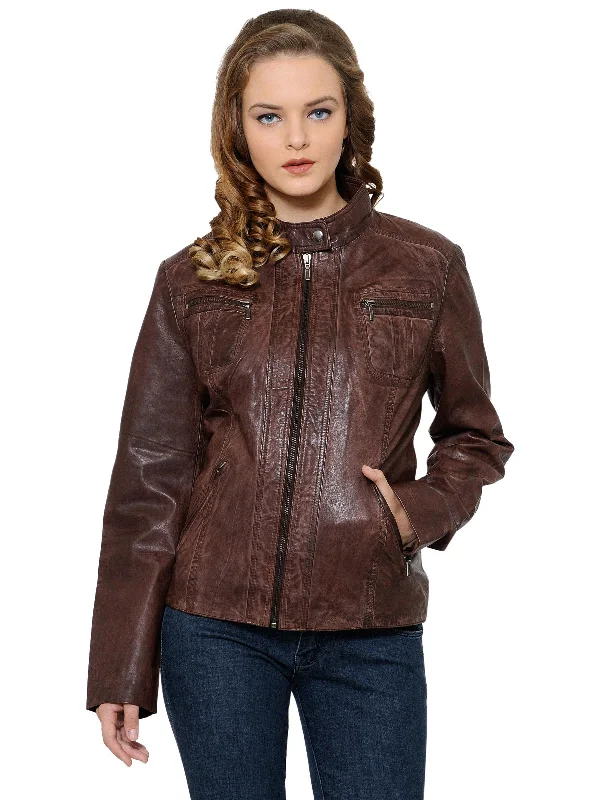 Teakwood Brown Women Genuine Leather Jacket