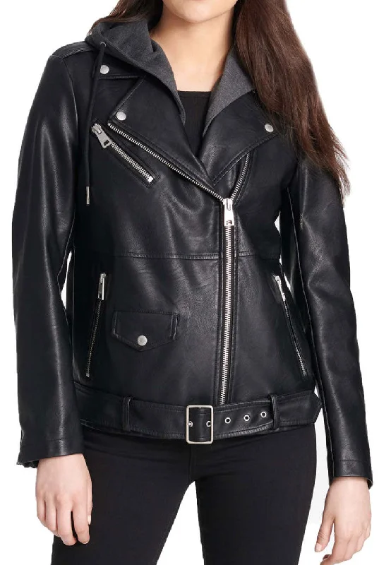 Women's Black Leather Hooded Biker Jacket