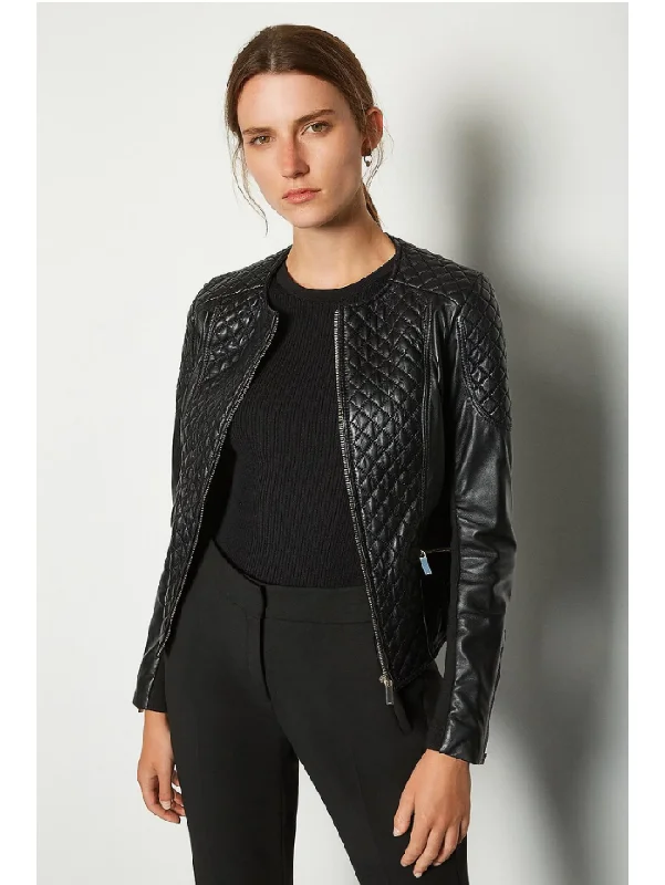 Women's Black Leather Biker Jacket Crew Neck