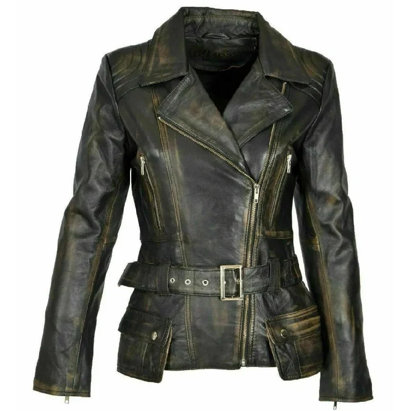 Women's Distressed Biker Motorcycle Leather Jacket